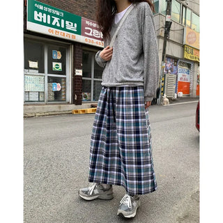 [Lined] Vintage Cotton Check Long Skirt