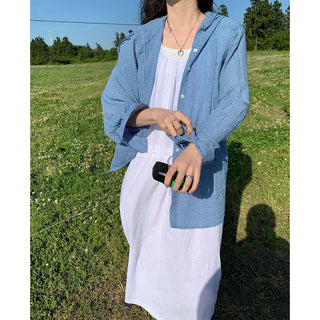 Summer check hooded shirt
