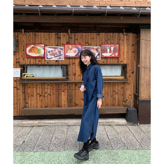 Denim-colored button-up long dress