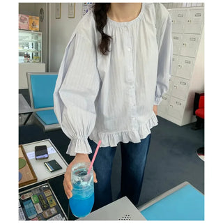 Round neck cotton puff sleeve ruffle blouse