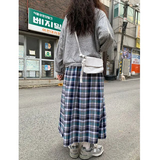 [Lined] Vintage Cotton Check Long Skirt