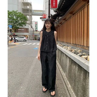 Non-faded denim elastic waist pants