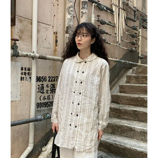 Round collar double-button long shirt