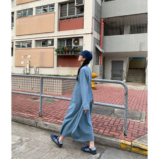 Denim-colored button-up long dress