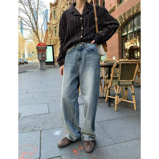 High-waisted wide-leg denim pants