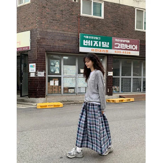 [Lined] Vintage Cotton Check Long Skirt