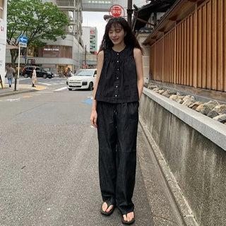 Non-faded denim elastic waist pants