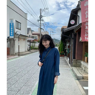 Denim-colored button-up long dress