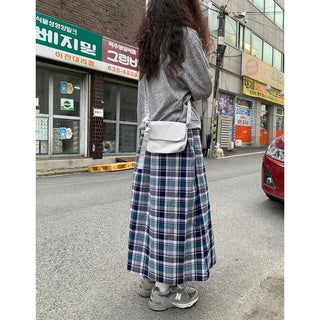 [Lined] Vintage Cotton Check Long Skirt