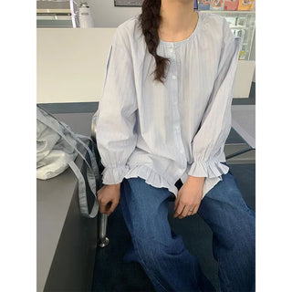 Round neck cotton puff sleeve ruffle blouse