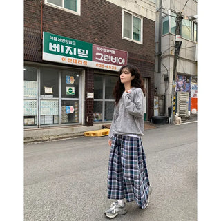 [Lined] Vintage Cotton Check Long Skirt