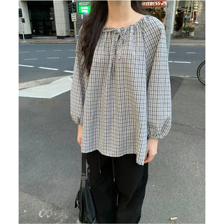 Ribbon tie detail check blouse