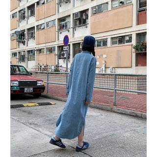 Denim-colored button-up long dress