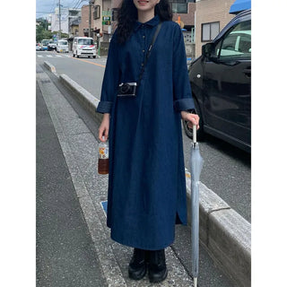 Denim-colored button-up long dress