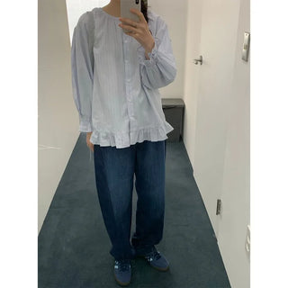 Round neck cotton puff sleeve ruffle blouse