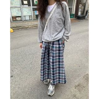 [Lined] Vintage Cotton Check Long Skirt