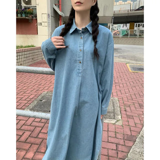 Denim-colored button-up long dress