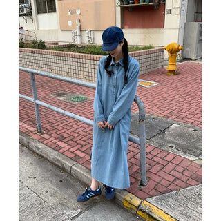Denim-colored button-up long dress