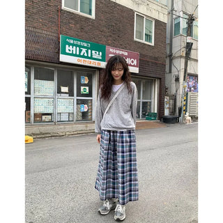 [Lined] Vintage Cotton Check Long Skirt