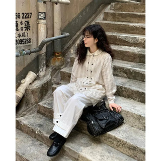 Round collar double-button long shirt