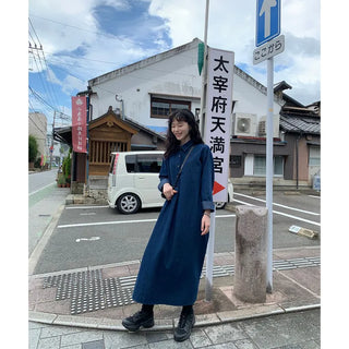 Denim-colored button-up long dress