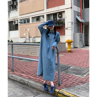 Denim-colored button-up long dress