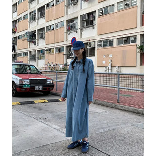 Denim-colored button-up long dress