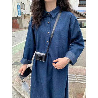 Denim-colored button-up long dress
