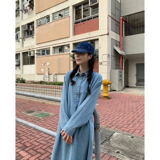 Denim-colored button-up long dress