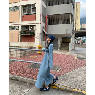 Denim-colored button-up long dress