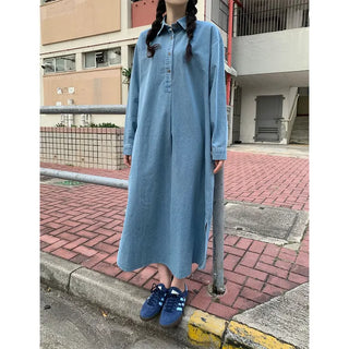 Denim-colored button-up long dress