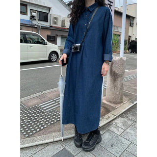 Denim-colored button-up long dress