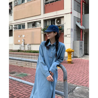 Denim-colored button-up long dress