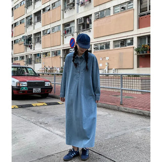 Denim-colored button-up long dress