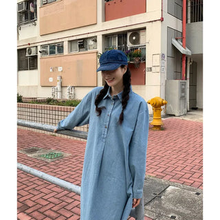 Denim-colored button-up long dress