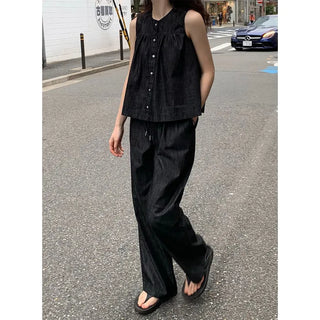 Non-faded denim elastic waist pants