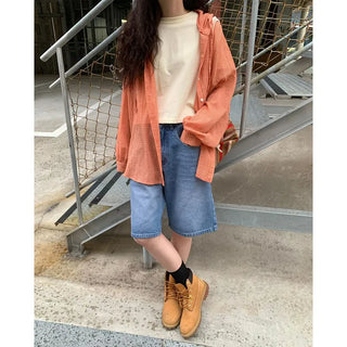 Summer check hooded shirt