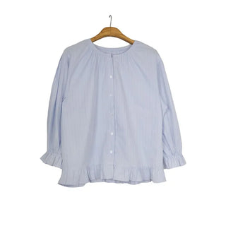 Round neck cotton puff sleeve ruffle blouse