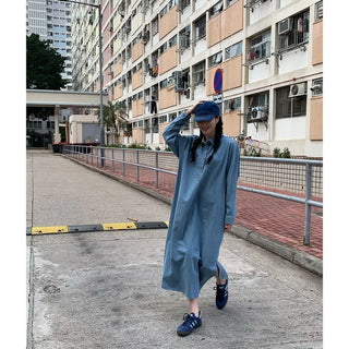 Denim-colored button-up long dress