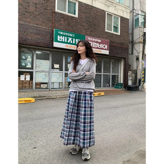[Lined] Vintage Cotton Check Long Skirt
