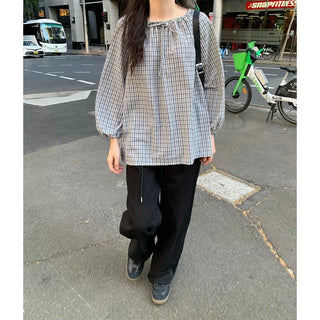 Ribbon tie detail check blouse