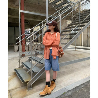 Summer check hooded shirt