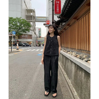 Non-faded denim elastic waist pants