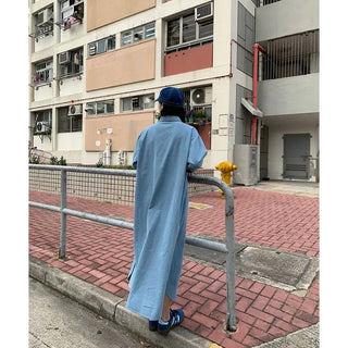 Denim-colored button-up long dress