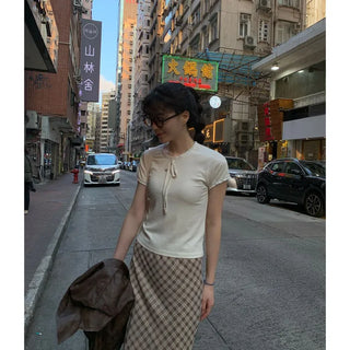 Ribbed lace ribbon T-shirt