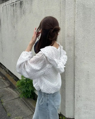 Polka Dot Ribbon Tie Frill Chiffon Blouse