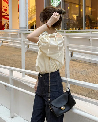 (ORIGINAL) Henley Neck Ribbon Balloon Blouse