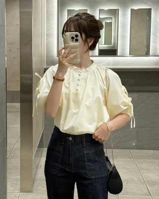 (ORIGINAL) Henley Neck Ribbon Balloon Blouse