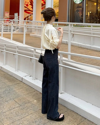 (ORIGINAL) Henley Neck Ribbon Balloon Blouse