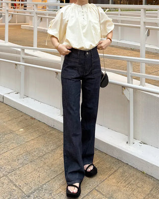 (ORIGINAL) Henley Neck Ribbon Balloon Blouse